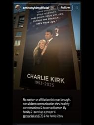 Screenshot from Kim's Instagram story about Kirk / Source: @anthonykimofficial on Instagram